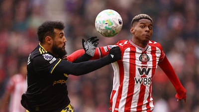 Sunderland's Nilson Angulo is challenged by Manchester United's Noussair Mazraoui. Reuters
