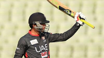 UAE cricketer Rohan Mustafa reacts after scoring a half-century during the Asia Cup T20 qualifying last week. AFP Photo / STR / February 19, 2016