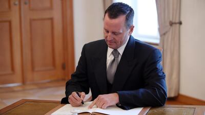 The new US Ambassador to Germany, Richard Allen Grenell signs the guest book prior to his diplomatic accreditation ceremony at Bellevue Palace in Berlin, Germany, 08 May 2018. EPA/FELIPE TRUEBA