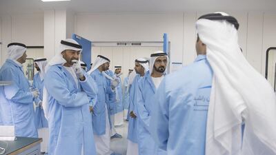 Sheikh Mohammed bin Zayed and Sheikh Mohammed bin Rashid Al Maktoum at the Mohammed bin Rashid Space Centre. Hamad Al Kaabi / Crown Prince Court - Abu Dhabi