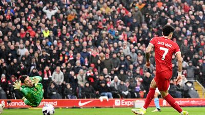 Luis Diaz of Liverpool scores a goal past Ederson of Manchester City that was later ruled out by VAR for offside. Getty Images