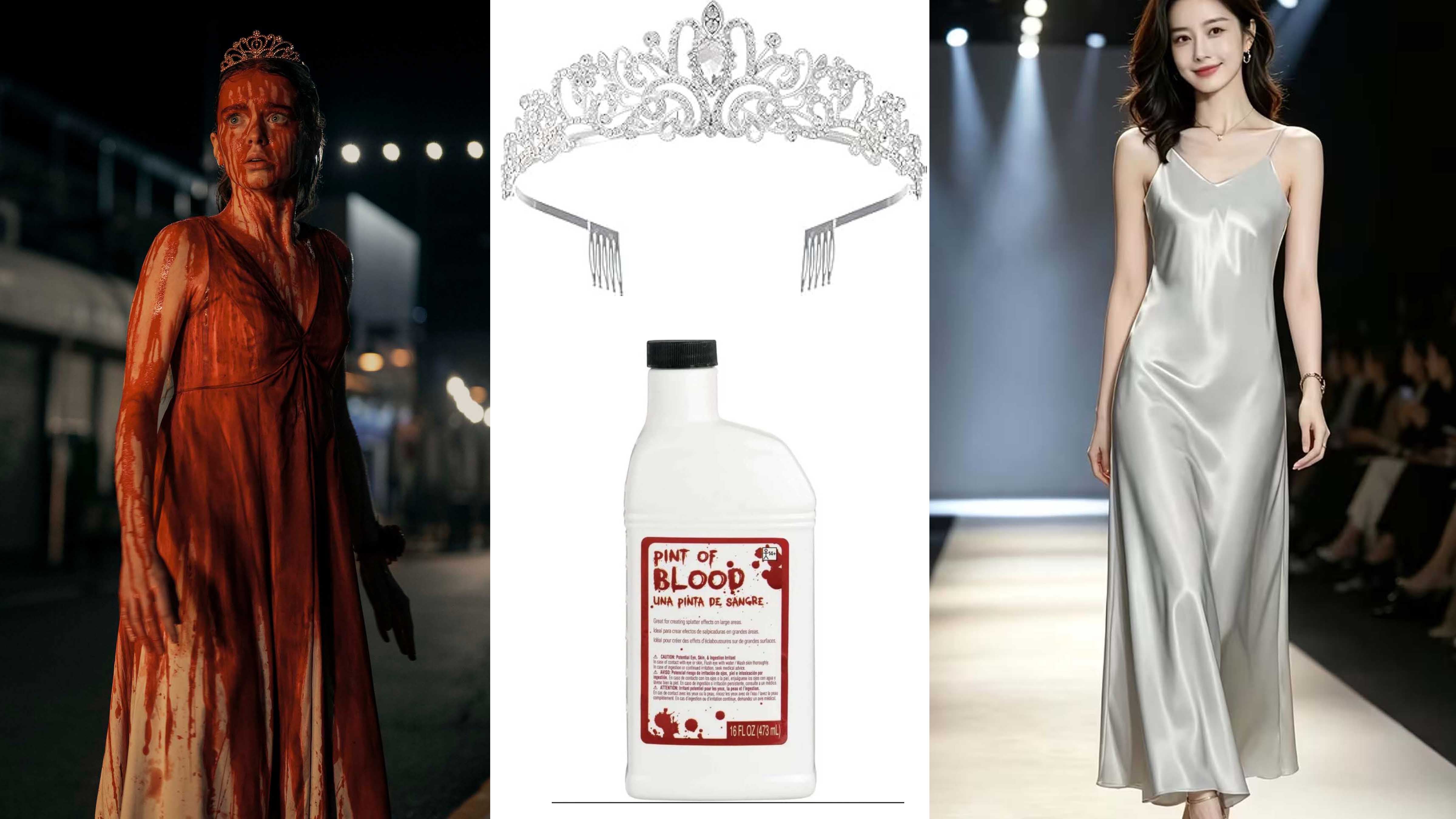 A silver slip dress, tiara and plenty of fake blood complete Carrie’s ill-fated prom look. Photos: Amazon Prime; Elvyagod; Party Centre; Yuanbeini