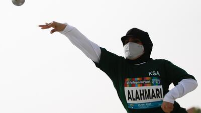 Amal Alahmari of Saudi Arabia in action during the Women's Shot Put F37 at the World Para Athletics Championships in Dubai. EPA