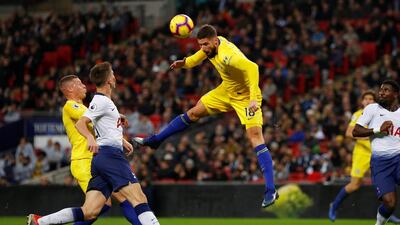 Olivier Giroud heads Chelsea's goal against Tottenham. Reuters