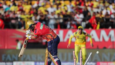 Punjab Kings' Rilee Rossouw is bowled by Tushar Deshpande for a duck. AFP
