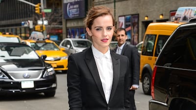 Emma Watson wore a black Saint Laurent tuxedo for the 'Late Show With David Letterman' in New York City on March 25, 2014. WireImage