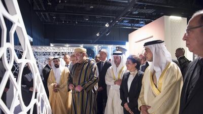 HM Majesty King Mohamed VI of Morocco (2nd L), HH Sheikh Tahnoon bin Mohamed Al Nahyan (L), Ruler’s Representative of the Eastern Region of Abu Dhabi, HH Sheikh Hazza bin Zayed Al Nahyan, UAE National Security Advisor and Vice Chairman of the Abu Dhabi Executive Council (3rd L)and HH Sheikh Mansour bin Zayed Al Nahyan, UAE Deputy Prime Minister and Minister of Presidential Affairs (2nd R), tour the Moroccan Heritage Week exhibition at the Abu Dhabi National Exhibition Centre (ADNEC). Mohamed Al Suwaidi / Crown Prince Court - Abu Dhabi