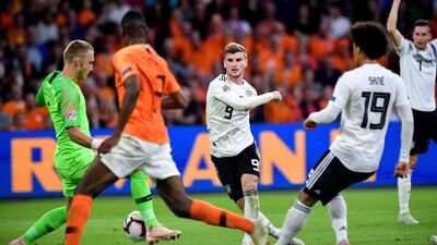 Germany's Timo Werner, centre, in action during their Uefa Nations League match against the Netherlands in Amsterdam. EPA