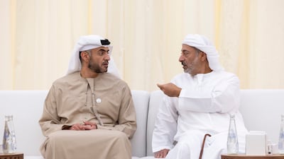 Sheikh Nahyan bin Saif bin Mohammed, UAE ambassador to Saudi Arabia, speaks with Sheikh Nahyan bin Hamdan bin Mohamed