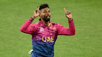 UAE's Karthik Meiyappan celebrates his hat-trick during the T20 World Cup match against Sri Lanka at the Kardinia Park in Geelong on Tuesday, October 18, 2022. AFP