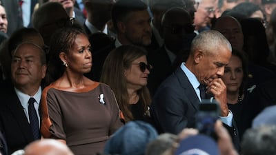 Michelle and Barack Obama during the ceremony at the National 9/11 Memorial & Museum. Getty Images via AFP