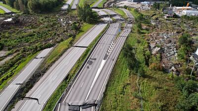 The damaged E6 near Stenungsund, Sweden, after a landslide caused a sinkhole on the highway to Norway. AP