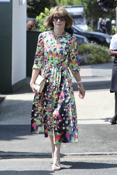 LONDON, ENGLAND - JULY 13: Anna Wintour seen arriving at Wimbledon for Men's Semi Final Day on July 12, 2018 in London, England. (Photo by Neil Mockford/GC Images)