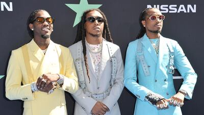 Offset , Takeoff Quavo arrive at the BET Awards on June 23, 2019, in Los Angeles. AP