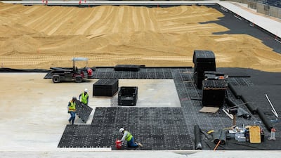 Last month, workers prepared the foundation for installation of the pitch at the Houston Stadium. The Houston Stadium, officially named NRG Stadium, will host seven matches during the World Cup. AFP
