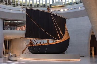The 18-metre reconstruction of a Bronze Age Magan boat in the central atrium of Zayed National Museum. Victor Besa / The National