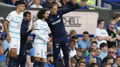 Chelsea's manager Thomas Tuchel gives instructions to Marc Cucurella. EPA