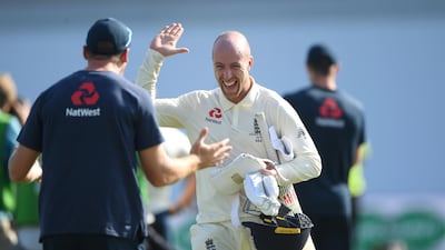 Jack Leach celebrates with Jos Buttler. Getty Images