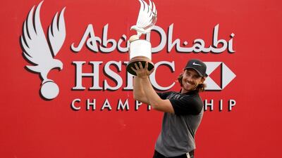 Tommy Fleetwood lifts the Falcon Trophy after winning the 2017 Abu Dhabi HSBC Championship on Sunday. David Cannon / Getty Images