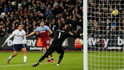 West Ham United's Pablo Fornals misses a chance to score. Reuters