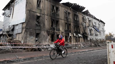 A building damaged in a Russian air attack in Kyiv. Ukraine. City mayor Vitali Klitschko said one person was killed and 14 injured overnight. AFP