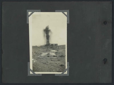 Baba Gurgur - Oil Drilling in Iraq. Kirkuk, Iraq. 1927. First oil gusher at Baba Gurgur. Photo: Akkasah: Photography Archive, NYUAD