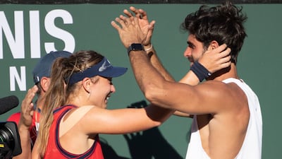 Paula Badosa gets a hug from Joshua Sorrentino after defeating Victoria Azarenka at Indian Wells. AP Photo