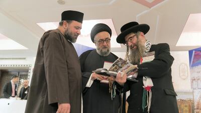 Rabbi Yisroel Weiss discusses his stance on Jerusalem with Muslim clerics at Al Azhar International Confrence in Support of Jerusalem in Cairo on January 18, 2018. Reem Mohammed / The National