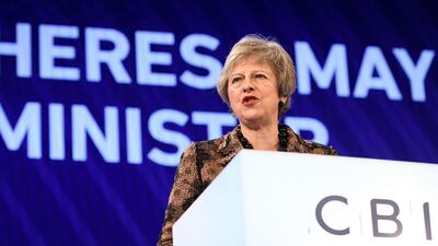Britain's prime minister Theresa May speaks during the 2018 CBI Conference. Getty