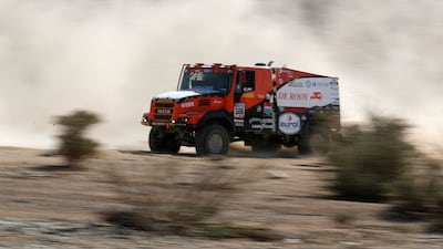 De Rooy Iveco's Martin Van Den Brink and co-drivers Peter Willemsen and Bernard Der Kinderen in action during testing in Jeddah, Saudi Arabia, for the Dakar Rally.
