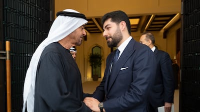Sheikh Mohamed with a member of the delegation accompanying Mr Barzani from Iraqi Kurdistan