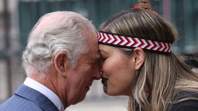 King Charles III was greeted with a 'Hongi', a traditional Maori greeting, as he arrived for the annual Commonwealth Day Service at Westminster Abbey in London on Monday. PA