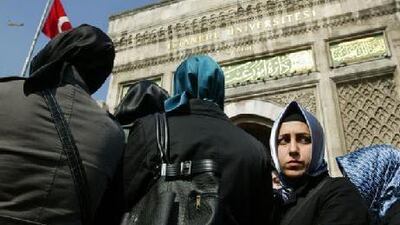 The row over the headscarfe is dying after years of protest, including this demonstration at Istanbul University in 2008.