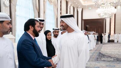 Sheikh Mohamed bin Zayed receives Special Olympics sponsors during an iftar reception at Al Bateen Palace. Eissa Al Hammadi for the Ministry of Presidential Affairs