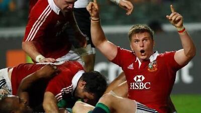 British & Irish Lions' Owen Farrell reacts after his team scored a try.