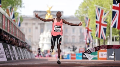 Sabastian Sawe of Team Kenya celebrates winning the London Marathon with a World Record time of 1:59:30. Getty Images