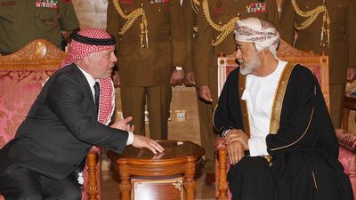 Jordan's King Abdullah bin Al Hussein (L) offers his condolences to Oman's Sultan Haitham bin Tariq Al Said (L) on the death of Sultan Qaboos, in Muscat, Oman. EPA