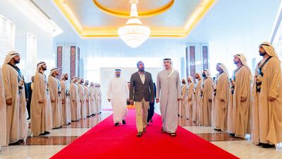 Sheikh Abdullah bin Zayed and Abiy Ahmed at the Presidential Airport in Abu Dhabi. MOFAIC / Wam