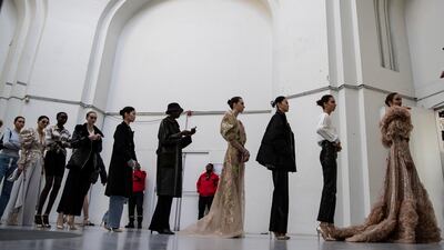 Models wait backstage during a rehearsal during the Spring/Summer 2020 Haute Couture collection by Lebanese designer Elie Saab during the Paris Fashion Week. EPA