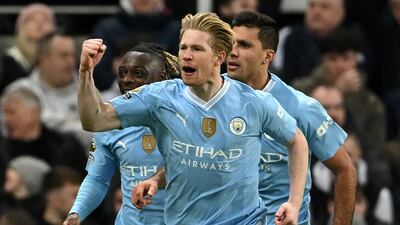 Kevin De Bruyne celebrates after scoring Manchester City's second goal in their 3-2 Premier League win against Newcastle United at St James' Park on January 13, 2024. AFP