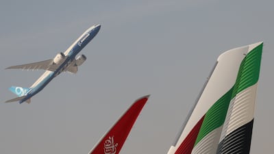 A Boeing 777-X carries out a demonstration flight during the Dubai Airshow. EPA