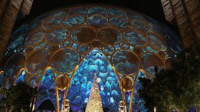 A wintry projection gets visitors into the festive spirit at Al Wasl Plaza. Pawan Singh / The National