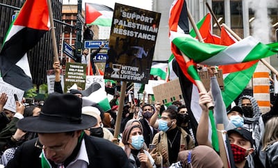 People gather for a pro-Palestinian demonstration near the Israeli consulate in New York City. EPA
