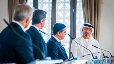 Minister of Foreign Affairs and International Cooperation Abdullah bin Zayed Al Nahyan (R) taking part in the Negev summit in the Israeli kibbutz of Sde Boker, alongside (L to R) Israeli Foreign Minister Yair Lapid, US Secretary of State Antony Blinken, and Morocco's Foreign Minister Nasser Bourita. WAM