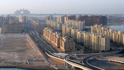 DUBAI , UNITED ARAB EMIRATES – Feb 13 : View of the Palm Jumeirah from Concord tower in Dubai Media City in Dubai. ( Pawan Singh / The National ) For Business.