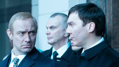 Jude Law, as Vladimir Putin, left, and Paul Dano, as Vadim Baranov, in The Wizard of the Kremlin. AP