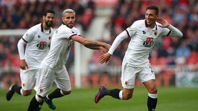 Jose Holebas, right, celebrates after scoring the only goal of the game in Watford's 1-0 victory against Middlesbrough. Alex Livesey / Getty Images