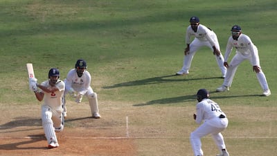 England's James Anderson of England plays a shot during Day 4 before being caught and bowled Ravichandran Ashwin for a duck.