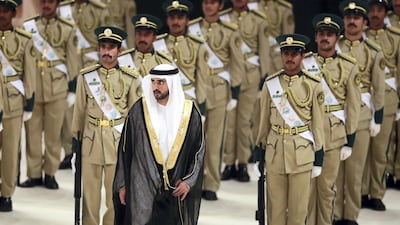 Sheikh Hamdan bin Mohammed, Crown Prince of Dubai, attends Dubai Police Academy's 27th graduation ceremony at the Coca Cola Arena. Chris Whiteoak / The National