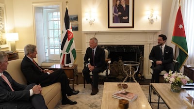 King Abdullah II and Crown Prince Al Hussein meet with US Special Presidential Envoy for Climate John Kerry.